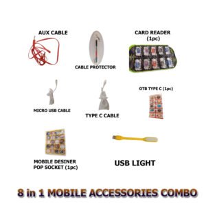 Mobile Accessories 8 in 1 Combo Offer (Card Reader, AUX Cable, Type C Cable, Micro USB Cable, Cable Protector, USB light, OTG, Mobile POP Socket) - iViralMart